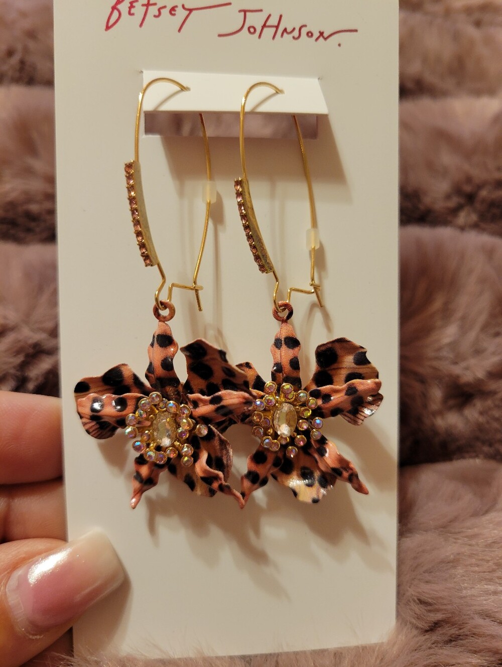 Betsey Johnson Gold Floral Leopard-Print Drop Earrings